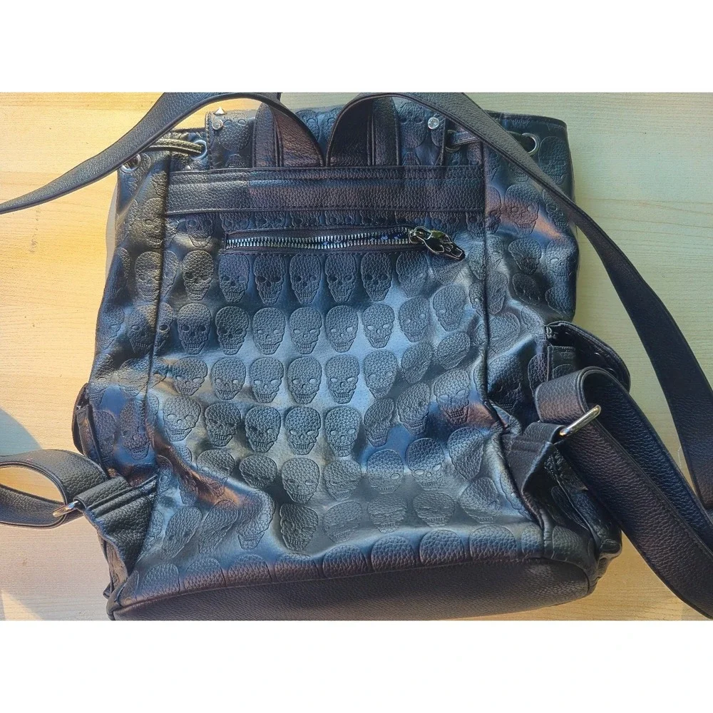 Black‎ Embossed Skull Rhinestone Studded Backpack Gothic Punk Faux Leather Bag